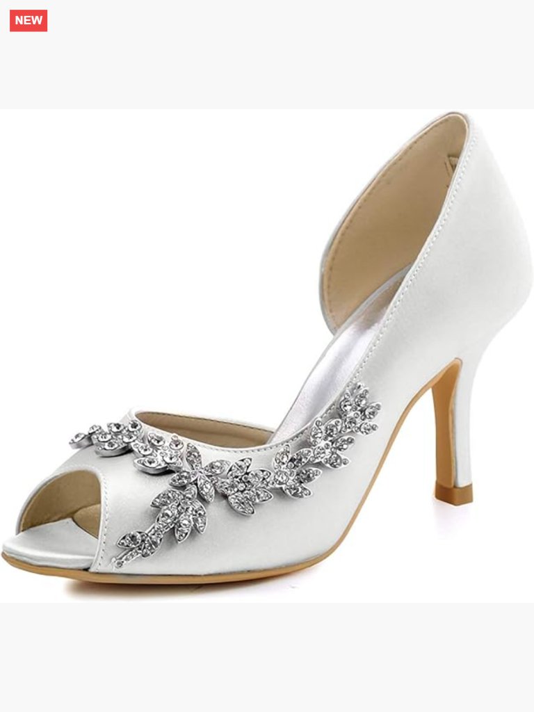 Satin Peep Toe Heels With Rhinestones, 3 Inch Heel, Wedding Prom Pumps
